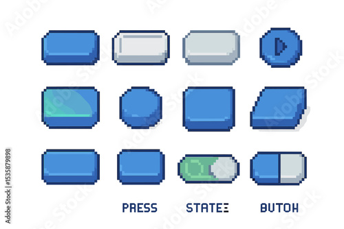 Pixel art buttons: various blue design states and styles in rows