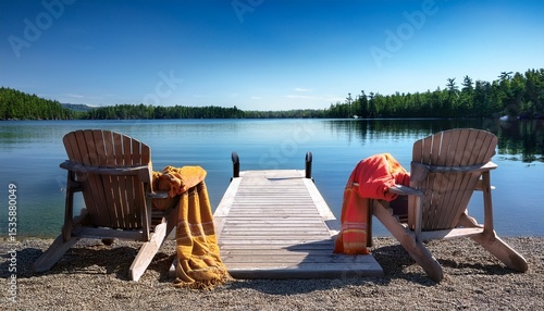 a calm lake with a wooden dock in the foreground in algonquin provincial park ontario canada two adirondack chairs with neatly folded beach towels on the arms face the water long exposure shot