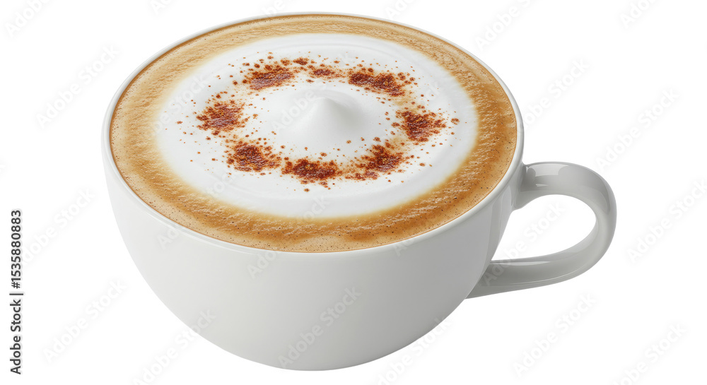 Aromatic Cappuccino in White Mug with Cinnamon Dusting. Aromatic Cappuccino in White Mug with Cinnamon Dusting.
