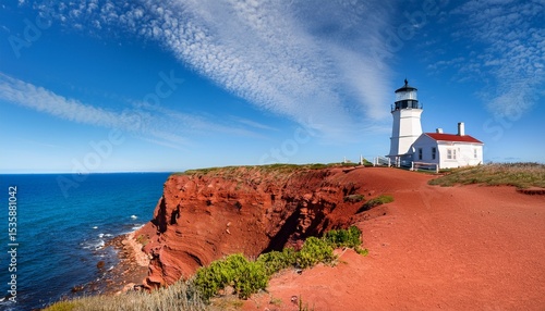 cape bear lighthouse stands on a red clay coastal cliff in pei overlooking the ocean the blue summer sky dotted with drifting white clouds highlights this historic maritime landmark