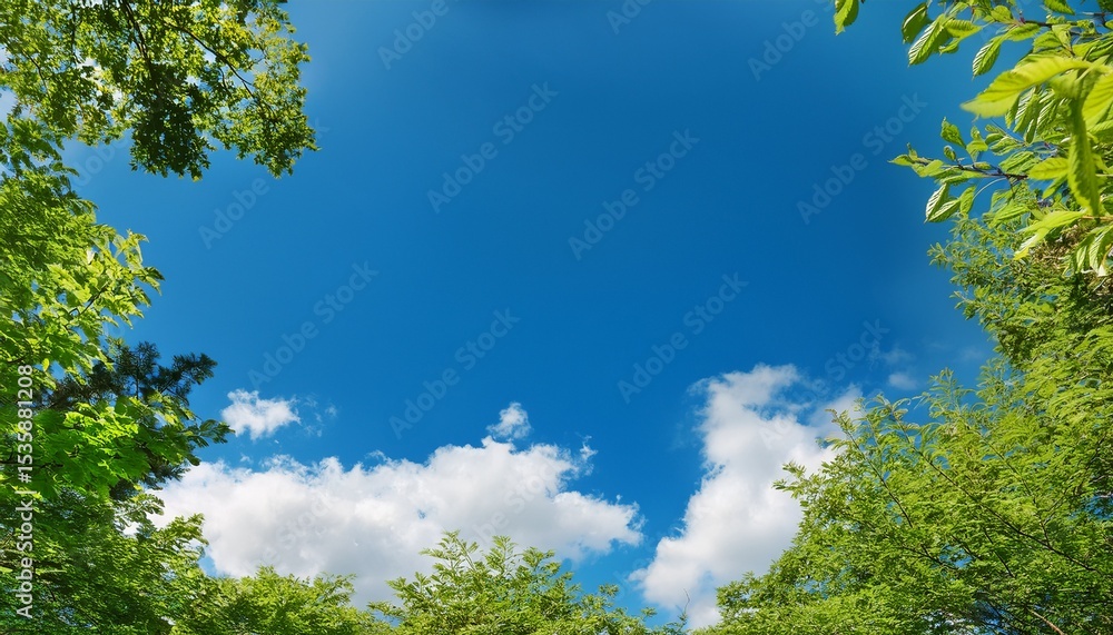 Obraz premium blank blue sky with fluffy clouds and green tree branches in the foreground providing copy space image