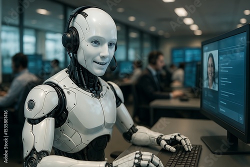 AI robot customer support close-up, virtual assistant and customer service technology