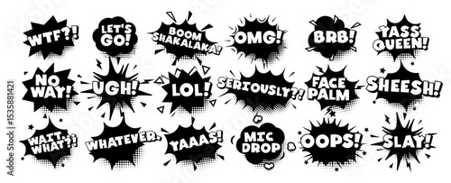 Comic meme speech bubbles with viral slang and emotional expressions in bold monochrome retro pop style. Ideal for humor, internet reactions, quotes, design elements. Vector illustration.
