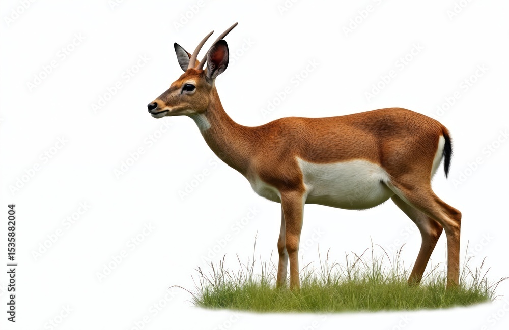 Obraz premium European roe deer stands. Brown deer with horns on green grass with white background. Wildlife animal in natural habitat, cut out for design, presentation, eco projects.