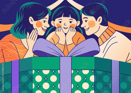 Family sharing a secret over a gift, for blogs and websites