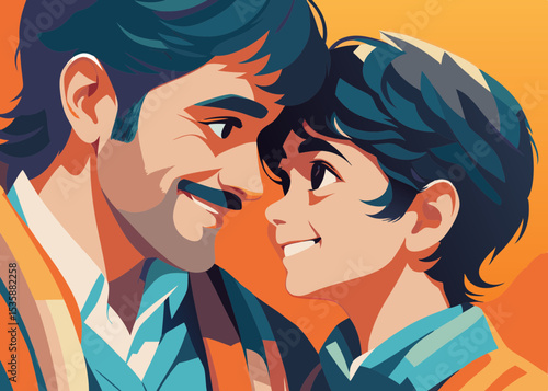Father and son smiling together, sharing a secret, in warm colors, for family blogs