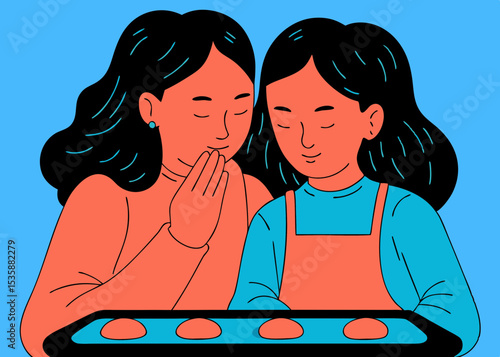 Mother and daughter sharing a secret, baking cookies together, in a minimalist style, for family blogs