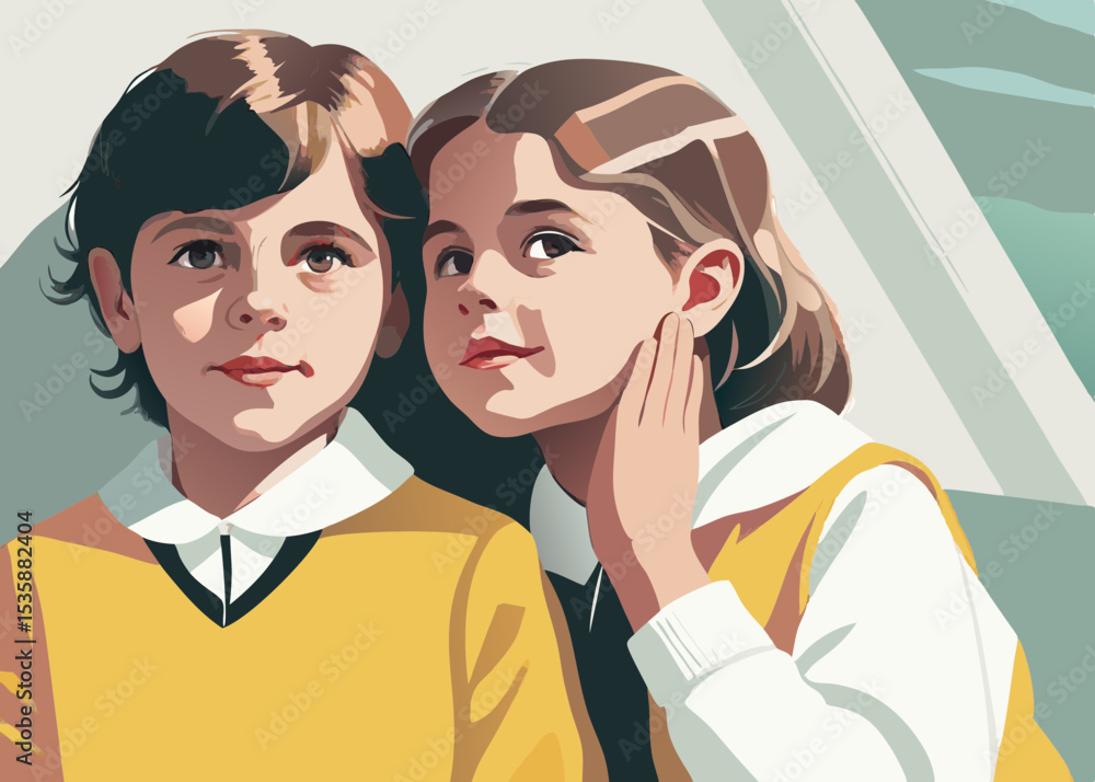 Children sharing a secret, in yellow and white tones, for family blogs Children sharing a secret, in yellow and white tones, for family blogs