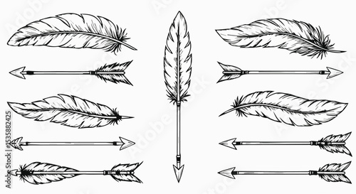 Hand-Drawn Boho Arrows and Feathers Sketch Set

