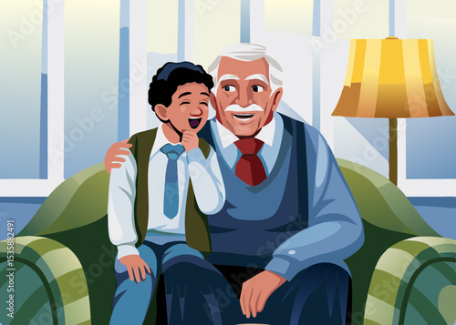Grandfather and grandson whispering secrets, indoors, for family blogs