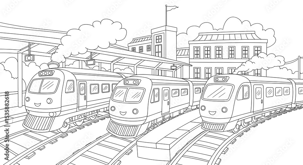 Fototapeta premium Trains at station coloring page for kids transportation railway activity printable sheet on transparent background