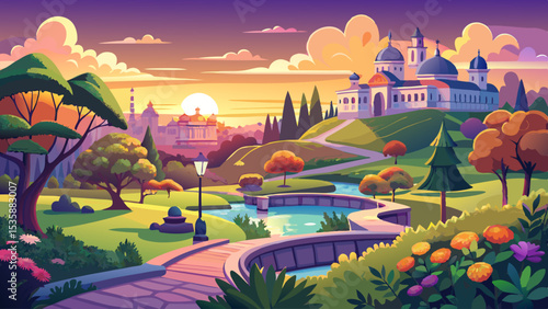 Sunrise panorama of Mariinskyi Park in Kiev, Ukraine Very beautiful
