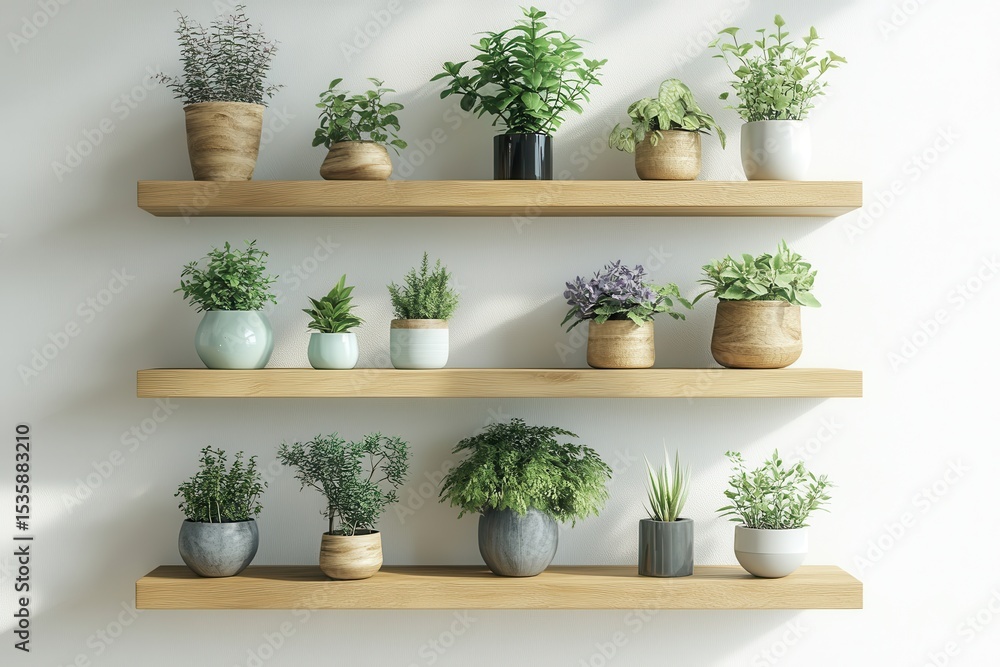 Fototapeta premium Indoor plant display featuring various pots and greenery in a well-lit room during daylight hours