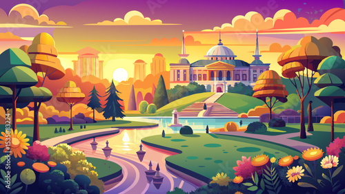 Sunrise panorama of Mariinskyi Park in Kiev, Ukraine Very beautiful