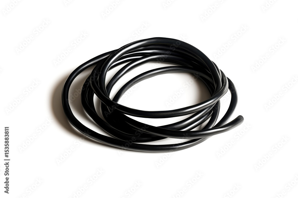 Black rubber cord coiled elegantly on a white isolated background. Black rubber cord coiled elegantly on a white isolated background.
