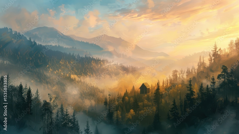 Obraz premium Scenic artistic drawing of mountains and nature, minimal line art style.