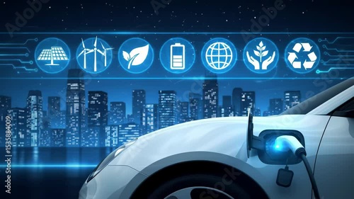 Electric vehicle charging in futuristic city with animated eco-tech icons