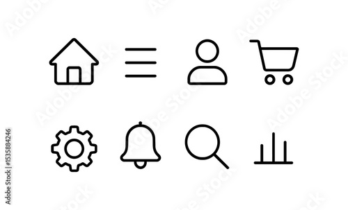 Minimalist icons set: home, menu, user, shopping cart, settings, notifications, search, graph vector illustration