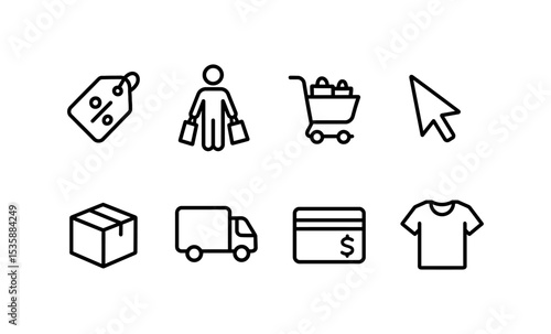 Minimalist shopping icons: tags, cart, delivery, payment, and apparel symbols vector illustration