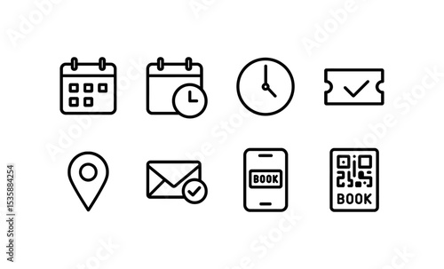 Minimalistic line icons: calendar, clock, ticket, navigation, email, qr code, and more vector illustration