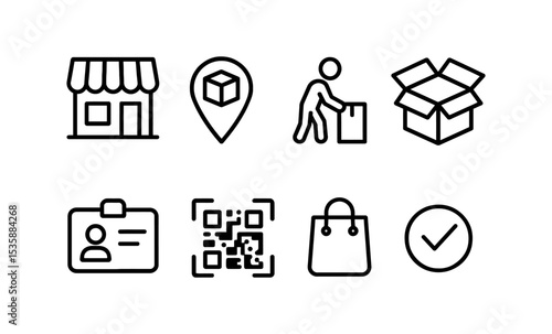 Shopping and delivery icons: storefront, location, package, id, qr code, bag, checkmark vector illustration