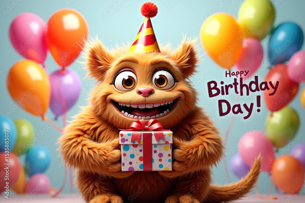 Naklejka premium A cartoon creature with orange fur, big eyes, and a party hat holds a wrapped gift, surrounded by colorful balloons and Happy Birthday text, on a light blue background, evoking a festive atmosphere.