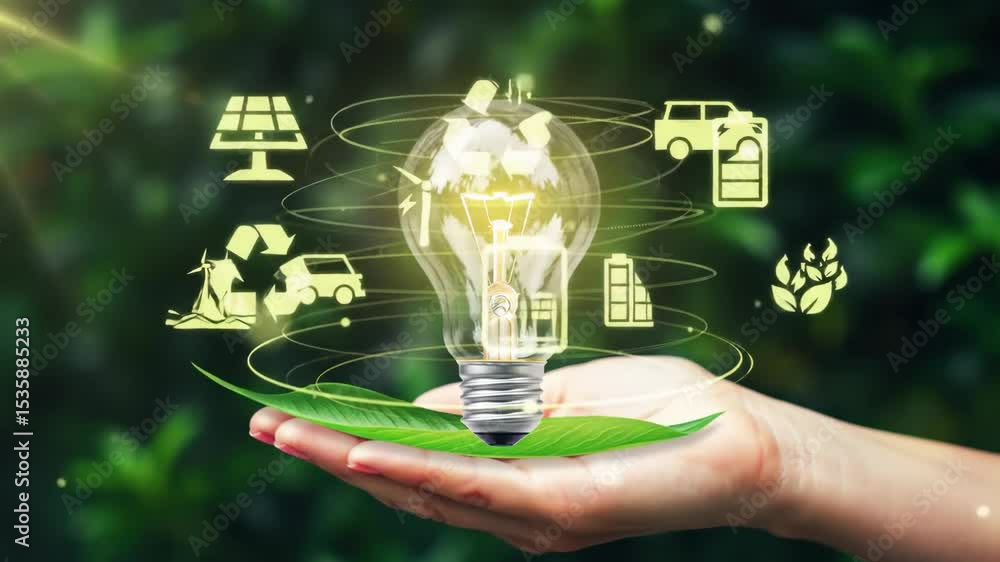 Hand holding glowing eco light bulb with animated sustainable energy icons