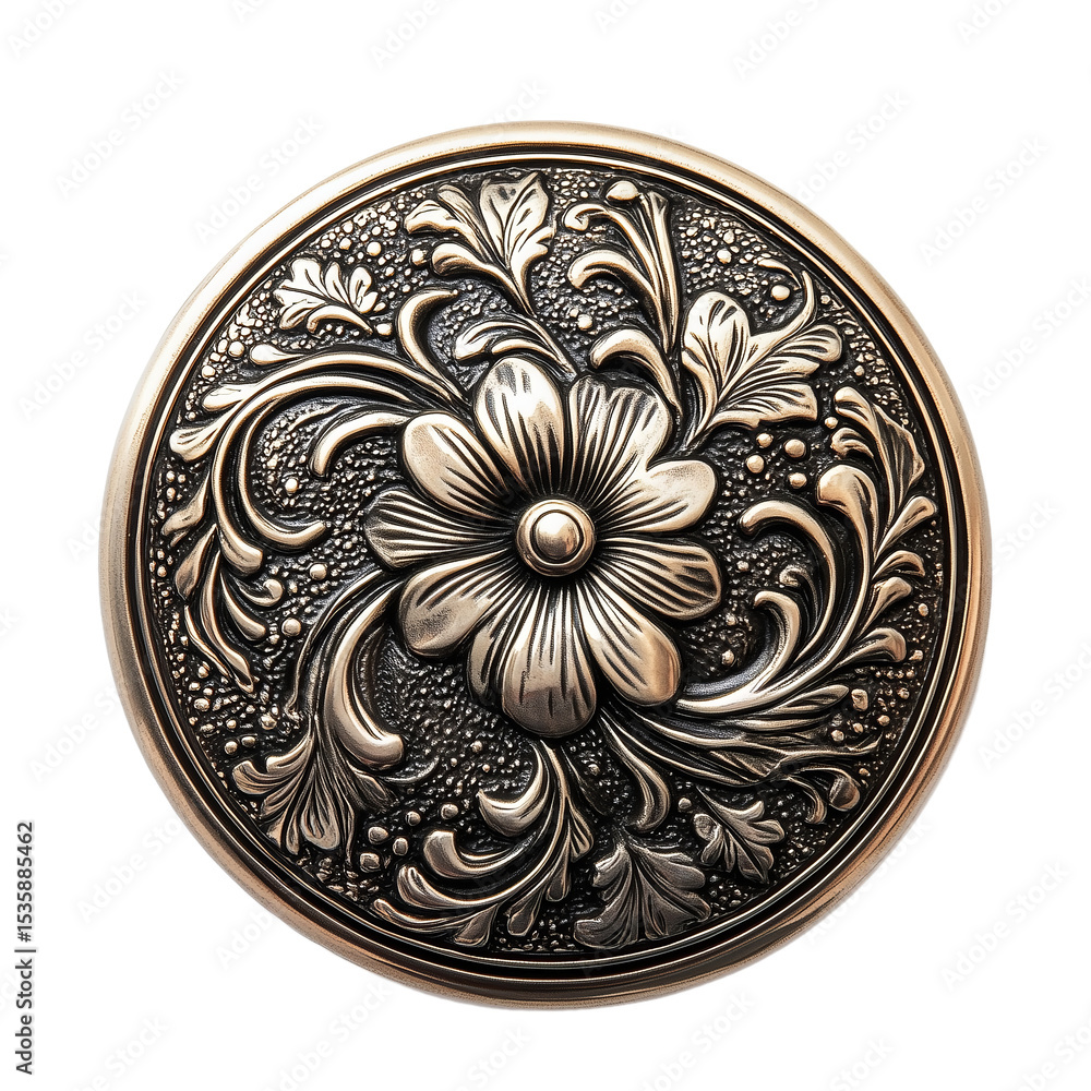 Fototapeta premium Antique Gold Cutwork Design Round Shape Shank Metal Button, isolated on white background 