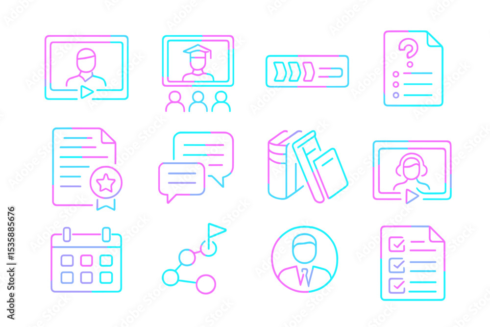 Fototapeta premium Neon icons for online learning and education resources