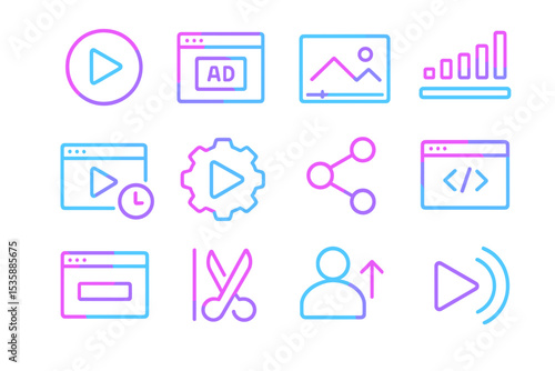 Wallpaper Mural Neon multimedia icons with play, share, and graph symbols in vibrant colors Torontodigital.ca