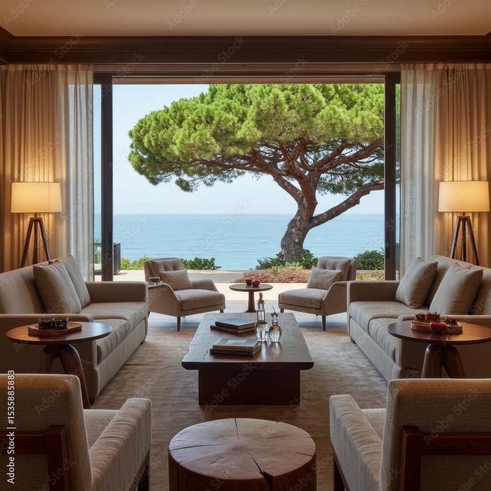 Fototapeta premium Coastal living room with ocean view and expansive sliding doors