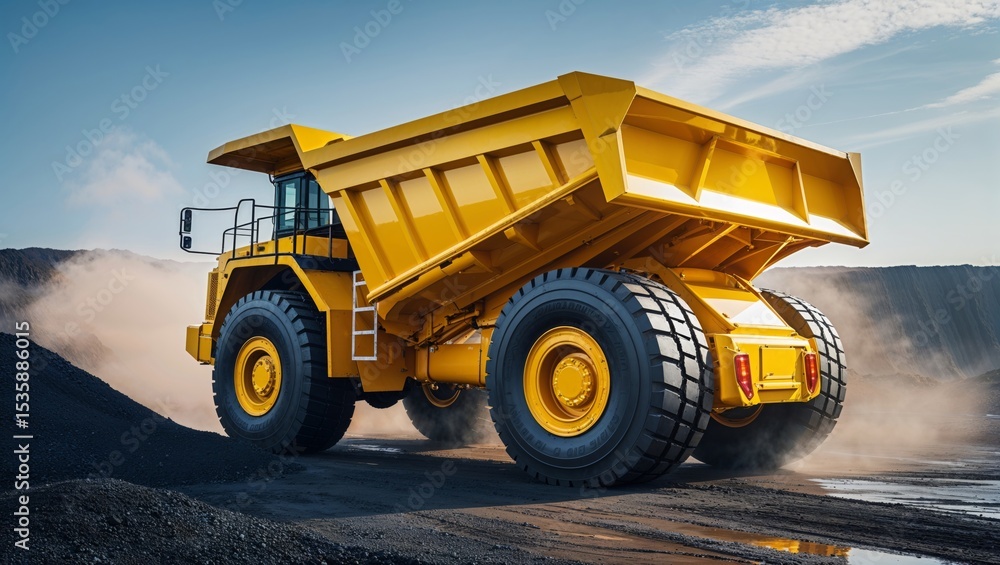Obraz premium A massive yellow dump truck is transporting material on a sunny, industrial landscape.