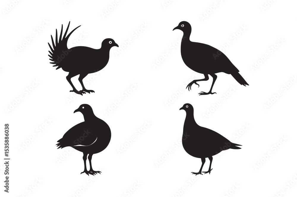 Naklejka premium Silhouette Collection of Game Birds Vector Icons of Grouse, Quail, Pheasant, and Partridge