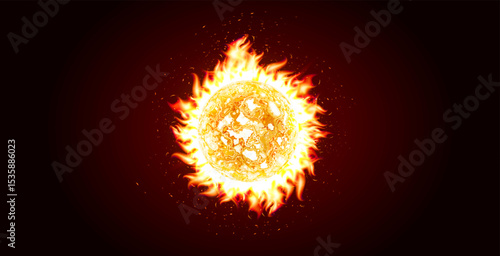 Fiery sphere with solar explosion energy, glowing plasma, cosmic danger heat. Blazing fireball for global disasters graphic, wildfires, volcanic eruptions news, climate crisis. Vector illustration