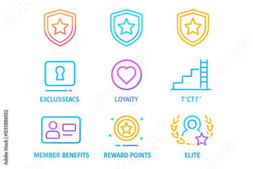 Neon security and loyalty icons in vibrant colors on black background