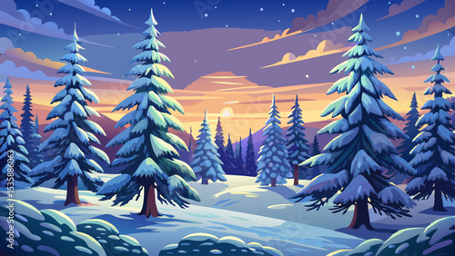 Pine trees covered with snow on frosty evening. Beautiful winter panorama Very beautiful