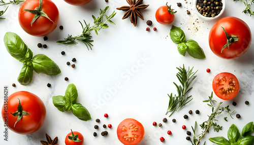 Fresh tomatoes herbs spices isolated white background. Red ripe vegetables, basil rosemary spices, healthy meal ingredients. Culinary, cooking, vegetarian eating background