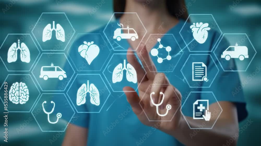 Futuristic Healthcare Interface—Doctor Interacting with Digital Medical Icons Futuristic Healthcare Interface—Doctor Interacting with Digital Medical Icons