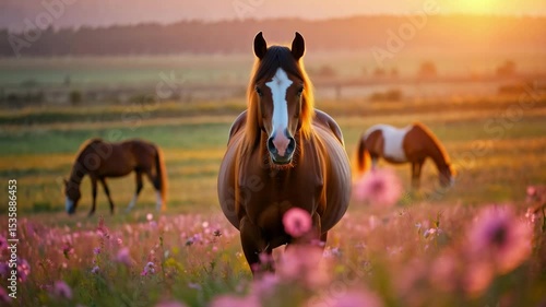 Horse standing in blooming flower field at sunset, rural landscape, grazing animals in background, summer pasture, peaceful countryside view