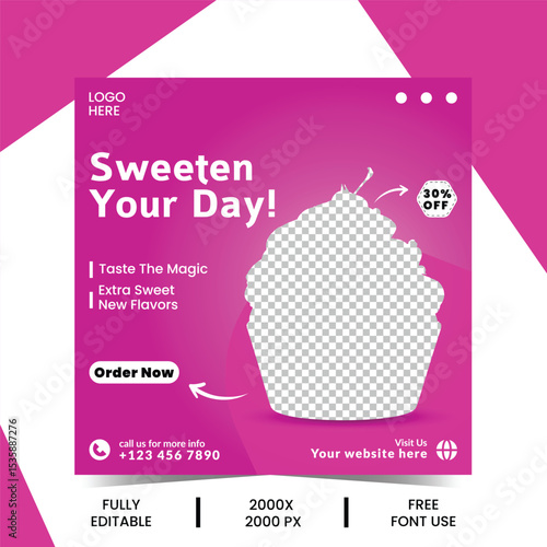 cupcake social media post, template—perfect for menus, banners, posters, bakery, and cake shop promotions. includes cones, strawberry ice cream, and sweet treats for instagram and facebook marketing.