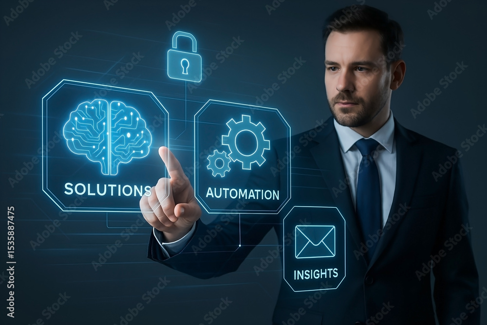 Businessman interacting with futuristic digital interface demonstrating solutions automation and business insights for success Businessman interacting with futuristic digital interface demonstrating solutions automation and business insights for success