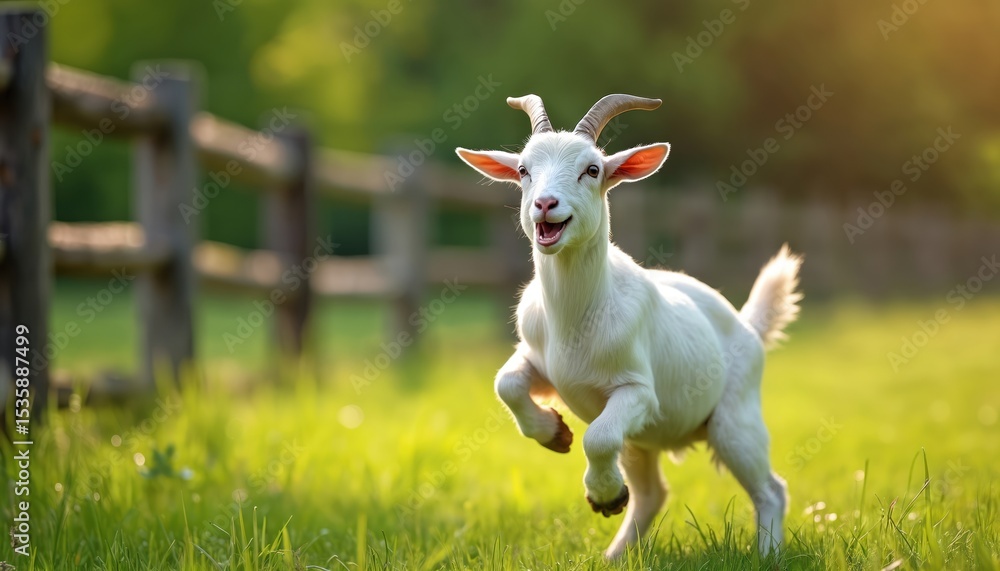 Obraz premium Playful goat runs through green meadow. White animal with horns jumps, shows tongue, expression happy, in sunlight. Summer season, countryside, agriculture, farm life, domestic pet concept.