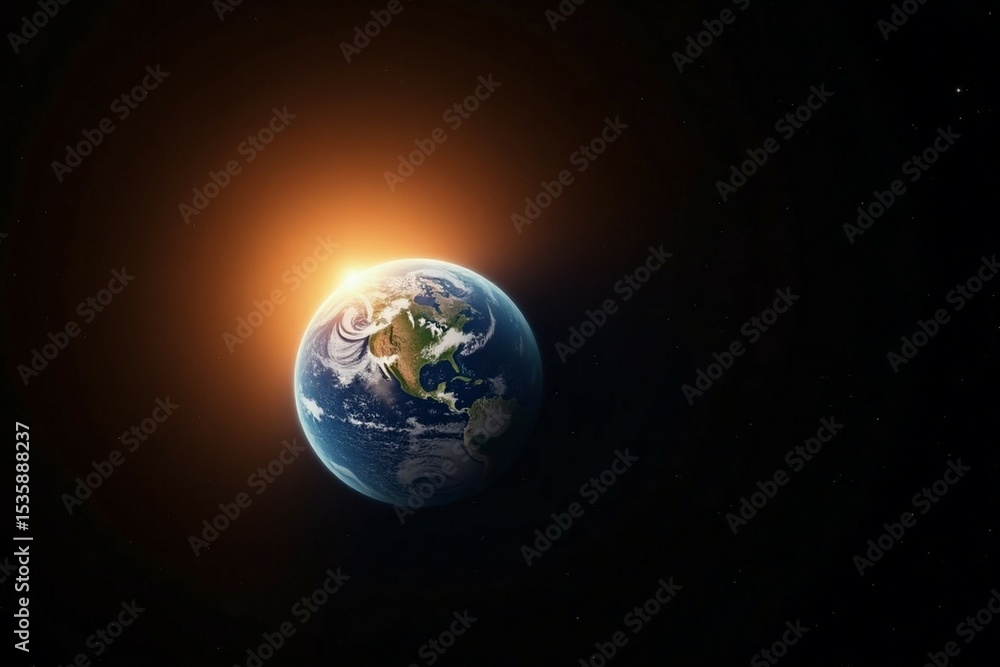 Fototapeta premium Earth surrounded by a glowing orange halo, showcasing a stunning view of the planet from space, emphasizing the beauty of our world in a cosmic setting