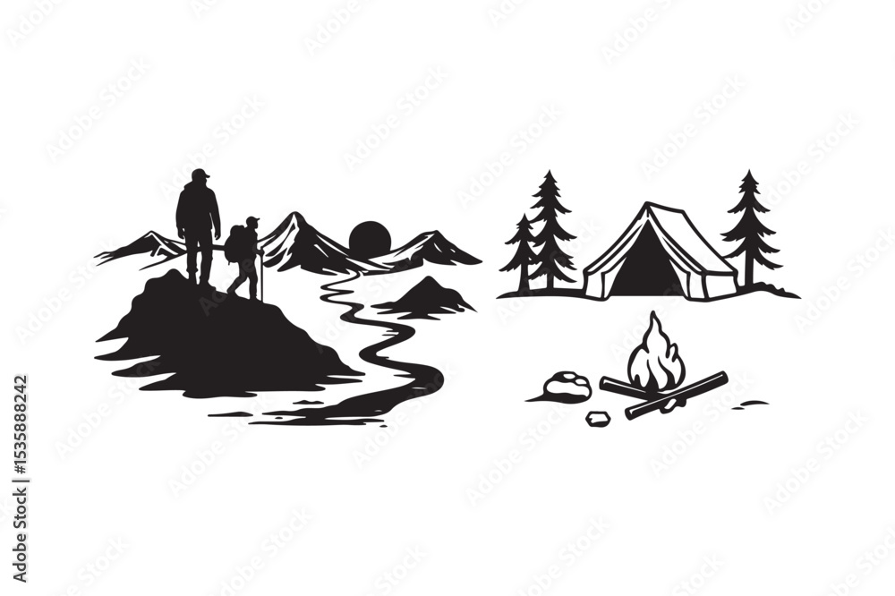 Fototapeta premium Camping and Hiking Adventure Silhouette Scene Wilderness Tent Fire Mountain Clipart