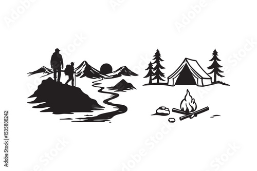 Camping and Hiking Adventure Silhouette Scene Wilderness Tent Fire Mountain Clipart