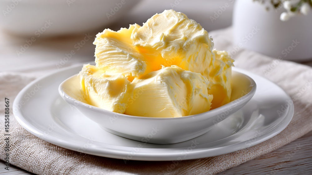 Fresh Butter in a White Dish on a Tablecloth Fresh Butter in a White Dish on a Tablecloth