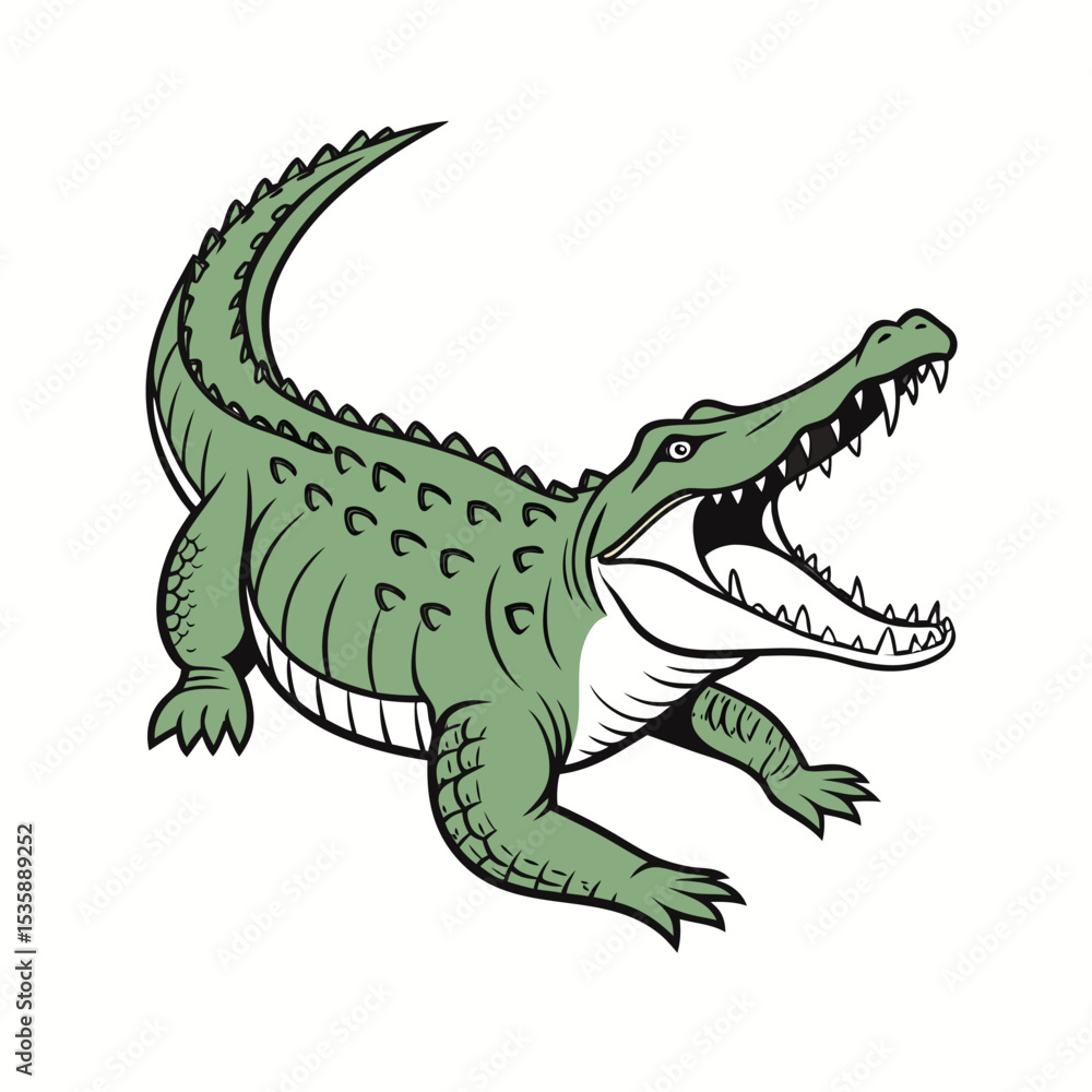 Naklejka premium Aggressive Green Crocodile Roaring Illustration - Dynamic Cartoon Alligator Mascot Vector Art