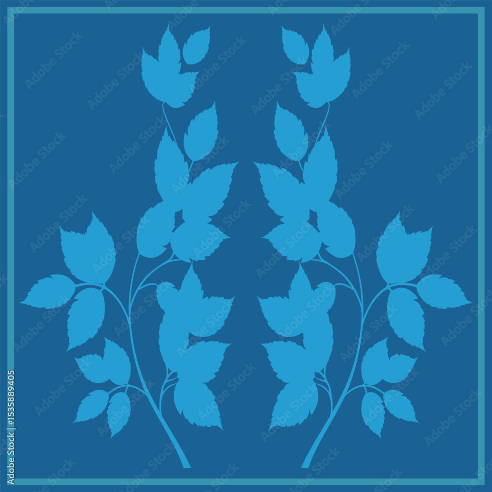 Naklejka premium a symmetrical pattern of two branches with leaves in light blue on a dark blue background with a frame.