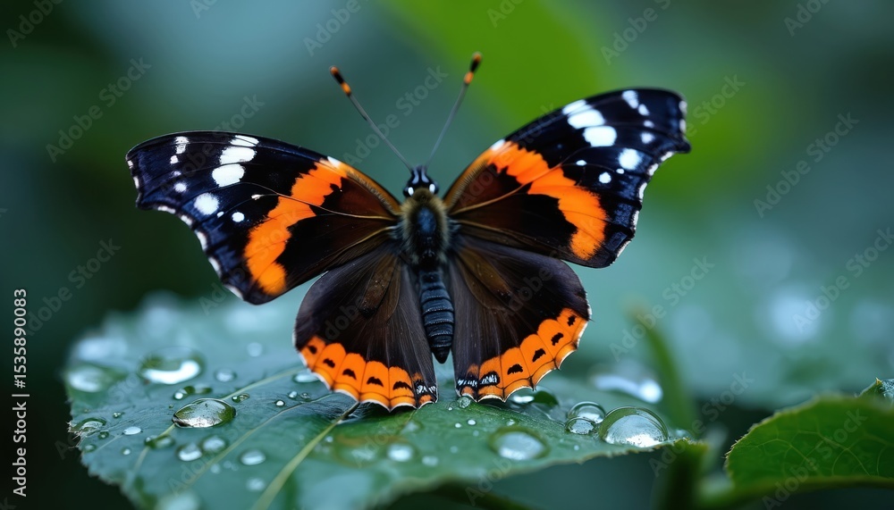 Beautiful butterfly with orange, black, white markings sits on green leaf with water drops. Insect macro photo. Butterfly wings open, insect details. Nature, summer day. Beautiful butterfly with orange, black, white markings sits on green leaf with water drops. Insect macro photo. Butterfly wings open, insect details. Nature, summer day.