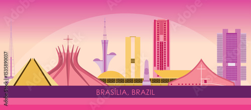 Sunset Skyline panorama of city of Brasilia, Brazil - vector illustration